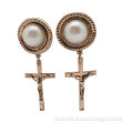 Pearl drop earrings with alloy Jesus cross, European style, nickel-free